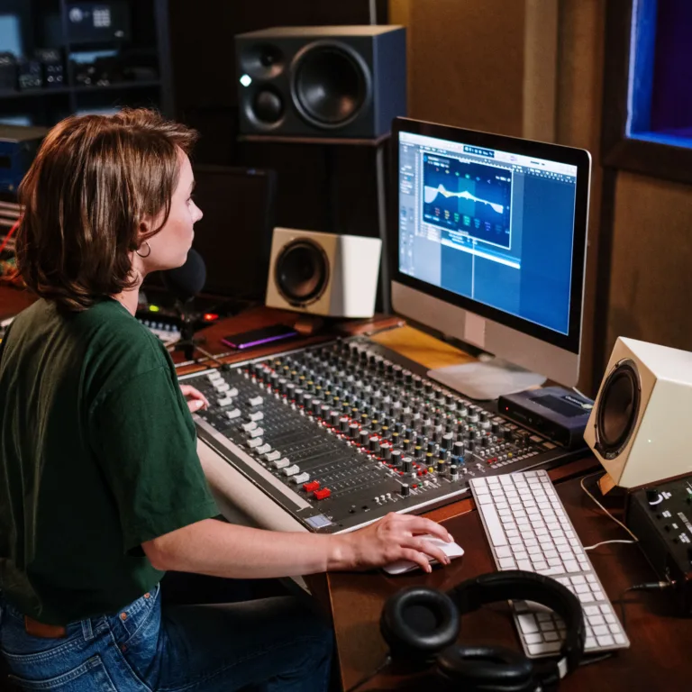 Una ragazza professionista dell'audio lavora concentrata davanti a un mixer analogico professionale in uno studio di registrazione, applicando competenze pratiche.